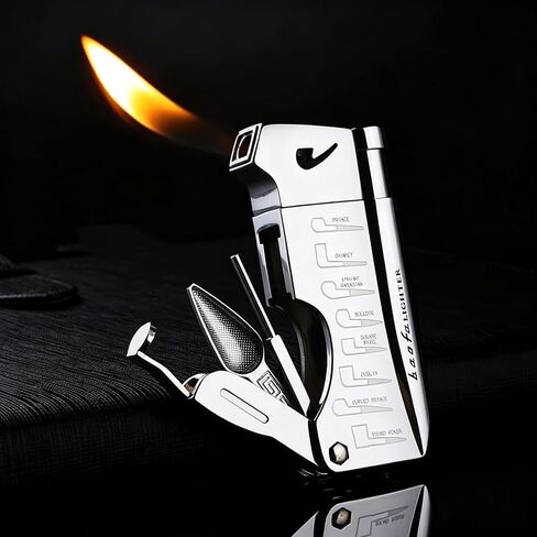 Soft Flame Butane Lighter with Built-in 3-in-1 P-ipe Tool Cleaner, Unique Refillable Candle Lighter, Angled Gas Window, Unique Gifts for Men, Birthday, Father’s Day, Valentine’s Day (Silver, No Fuel) in Kuwait