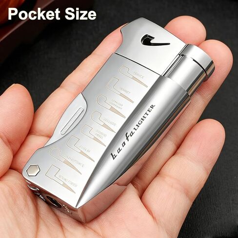 Soft Flame Butane Lighter with Built-in 3-in-1 P-ipe Tool Cleaner, Unique Refillable Candle Lighter, Angled Gas Window, Unique Gifts for Men, Birthday, Father’s Day, Valentine’s Day (Silver, No Fuel) in Kuwait