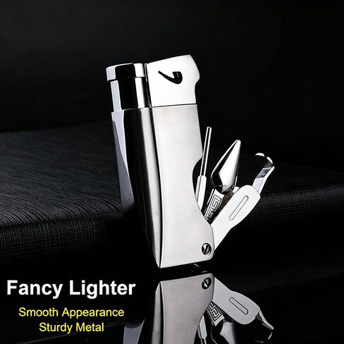 Soft Flame Butane Lighter with Built-in 3-in-1 P-ipe Tool Cleaner, Unique Refillable Candle Lighter, Angled Gas Window, Unique Gifts for Men, Birthday, Father’s Day, Valentine’s Day (Silver, No Fuel) in Kuwait