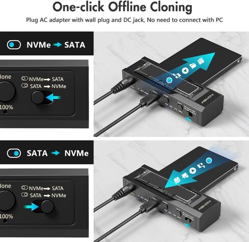 M.2 NVMe SSD Enclosure Adapter, 10Gbps SATA & M.2. NVMe Dual Bay Offline Clone USB-C Adapters Supports 3.5"/2.5" SATA SSD, Type-C Standalone Clone Duplicator in Kuwait