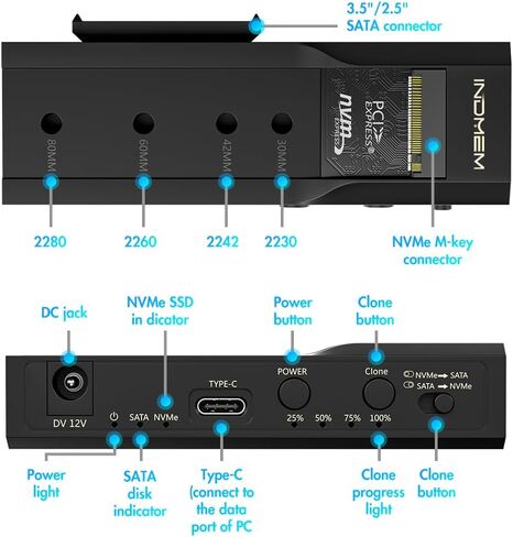 M.2 NVMe SSD Enclosure Adapter, 10Gbps SATA & M.2. NVMe Dual Bay Offline Clone USB-C Adapters Supports 3.5"/2.5" SATA SSD, Type-C Standalone Clone Duplicator in Kuwait