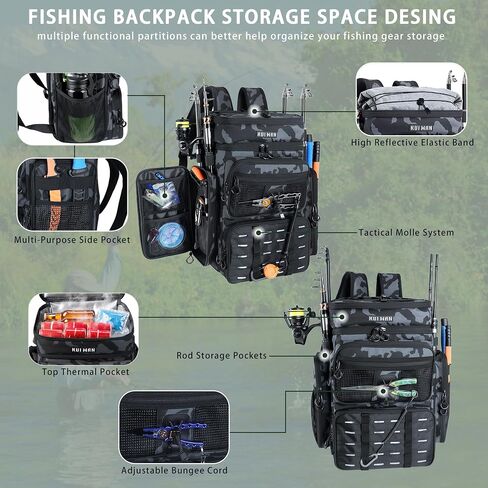 Fishing Backpack with Cooler & 4 Rod Holder, Large 45L Tackle Bag Store Fishing Gear Boxes Gifts for Men Woman-Camo Back Pack in Kuwait