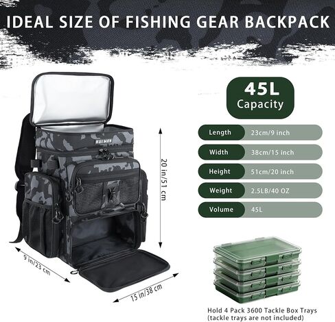 Fishing Backpack with Cooler & 4 Rod Holder, Large 45L Tackle Bag Store Fishing Gear Boxes Gifts for Men Woman-Camo Back Pack in Kuwait