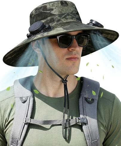 Solar Fan Hat, Wide Brim Sun Hat with 2 Solar Fan, UPF 50+ Fishing Hat with Fan for Men,Waterproof Outdoor Hiking Camping in Saudi Arabia