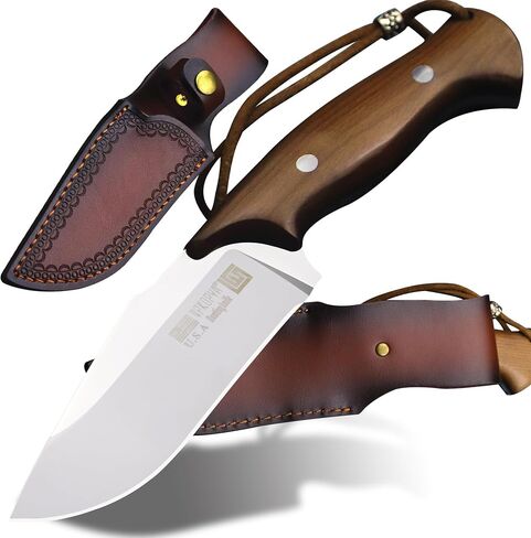 WPKOPYA U.S.A 9.8-inch 440c Mirror Light Full Tang Sandalwood Handle Outdoor Hunting Knife+Leather Sheath, Camping Survival, Fishing, Hiking, EDC Tool in Kuwait