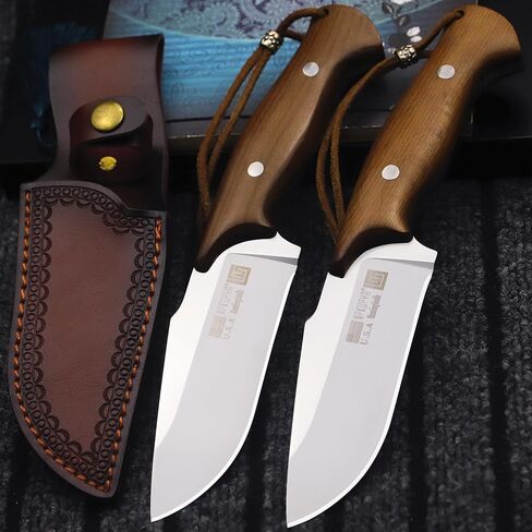WPKOPYA U.S.A 9.8-inch 440c Mirror Light Full Tang Sandalwood Handle Outdoor Hunting Knife+Leather Sheath, Camping Survival, Fishing, Hiking, EDC Tool in Kuwait