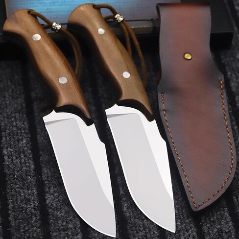 WPKOPYA U.S.A 9.8-inch 440c Mirror Light Full Tang Sandalwood Handle Outdoor Hunting Knife+Leather Sheath, Camping Survival, Fishing, Hiking, EDC Tool in Kuwait