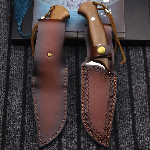 WPKOPYA U.S.A 9.8-inch 440c Mirror Light Full Tang Sandalwood Handle Outdoor Hunting Knife+Leather Sheath, Camping Survival, Fishing, Hiking, EDC Tool in Kuwait