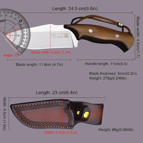 WPKOPYA U.S.A 9.8-inch 440c Mirror Light Full Tang Sandalwood Handle Outdoor Hunting Knife+Leather Sheath, Camping Survival, Fishing, Hiking, EDC Tool in Kuwait