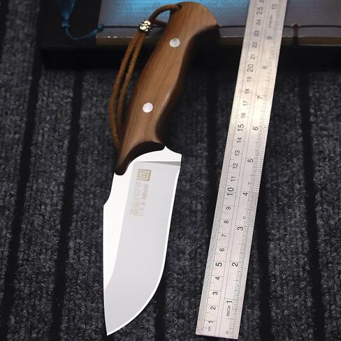 WPKOPYA U.S.A 9.8-inch 440c Mirror Light Full Tang Sandalwood Handle Outdoor Hunting Knife+Leather Sheath, Camping Survival, Fishing, Hiking, EDC Tool in Kuwait