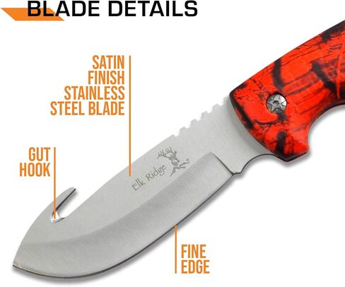 Elk Ridge - Fixed Blade Knife - 8.75-in Overall, 3.5-in Satin Finish Stainless Steel Blade, Full Tang Construction, Red Camo Coated Rubber Handle, Nylon Sheath in Kuwait