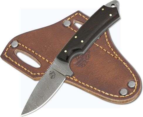 Knives Ranch Fixed Blade EDC Knife – Full Tang – Carbon Steel Damascus – Rosewood Handle – 45° Pancake Leather Sheath – Cowboy Ranch Knife for Hunting & Skinning in Kuwait
