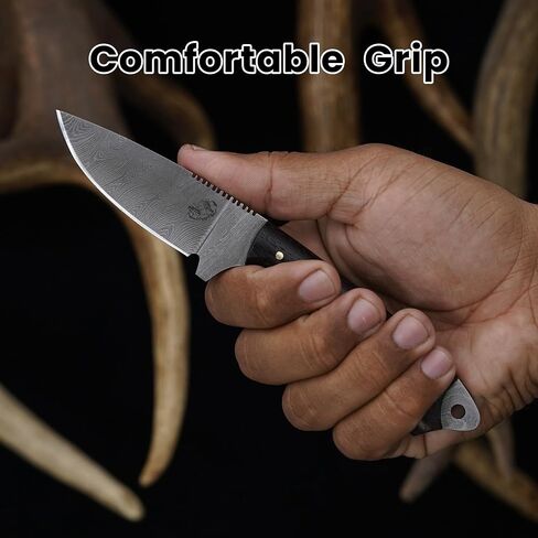Knives Ranch Fixed Blade EDC Knife – Full Tang – Carbon Steel Damascus – Rosewood Handle – 45° Pancake Leather Sheath – Cowboy Ranch Knife for Hunting & Skinning in Kuwait