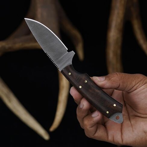 Knives Ranch Fixed Blade EDC Knife – Full Tang – Carbon Steel Damascus – Rosewood Handle – 45° Pancake Leather Sheath – Cowboy Ranch Knife for Hunting & Skinning in Kuwait