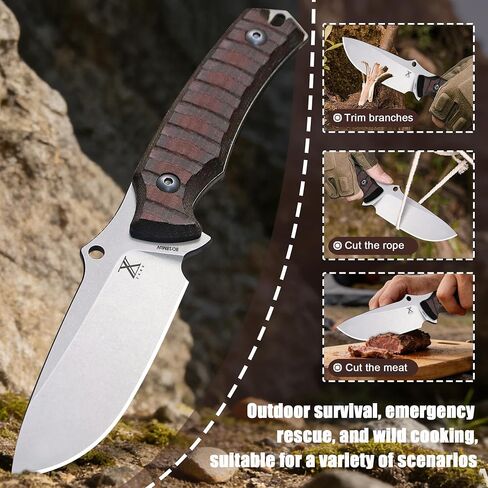 ZARX 8.5 Inch Hunting Knife with Kydex Sheath, 8Cr18MoV Steel, Linen Handle, Full Tang EDC Survival Camping Knife in Kuwait