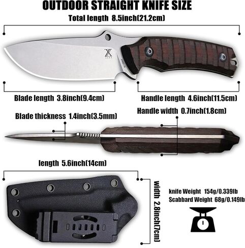 ZARX 8.5 Inch Hunting Knife with Kydex Sheath, 8Cr18MoV Steel, Linen Handle, Full Tang EDC Survival Camping Knife in Kuwait