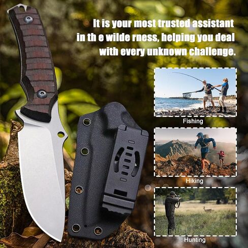 ZARX 8.5 Inch Hunting Knife with Kydex Sheath, 8Cr18MoV Steel, Linen Handle, Full Tang EDC Survival Camping Knife in Kuwait