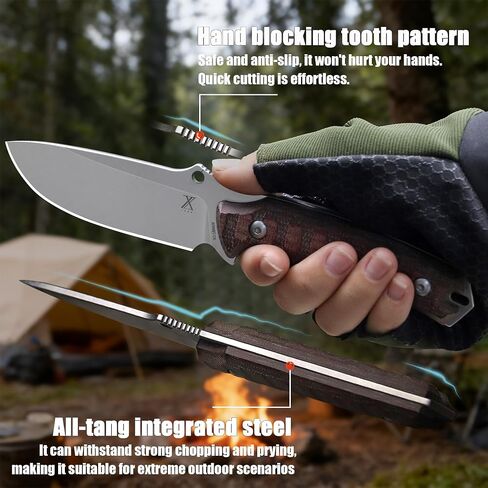 ZARX 8.5 Inch Hunting Knife with Kydex Sheath, 8Cr18MoV Steel, Linen Handle, Full Tang EDC Survival Camping Knife in Kuwait