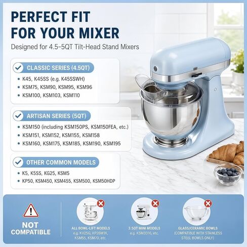 Pouring Shield for KitchenAid 4.5-5 Quart Tilt-Head Stand Mixer, Clear Splash Guard with Removable Pour Spout, Dishwasher Safe Mixer Bowl Cover Fits Steel, Glass and Ceramic Bowls in Kuwait