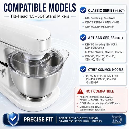 Pouring Shield for KitchenAid 4.5-5 Quart Tilt-Head Stand Mixer, Clear Splash Guard with Removable Pour Spout, Dishwasher Safe Mixer Bowl Cover Fits Steel, Glass and Ceramic Bowls in Kuwait