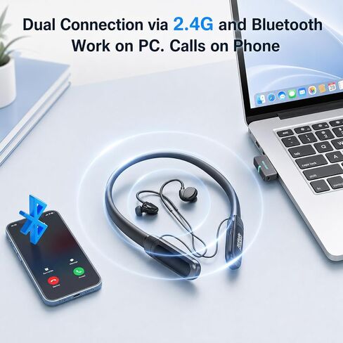Rampage 2 Bluetooth Neckband Headphones with Mic for Work, Wireless Headset with 2.4G USB Dongle, Around-the-Neck Earbuds, 32H Battery, Low Latency, for Computer, Laptop, Meetings, Calls in Kuwait