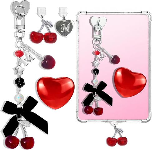 4PCS Personalized Initial A Cherry Charms Set Compatible with Kindle,Y2K Vintage 90s Ribbon Letter Charm Fit 11th 12th Gen in Kuwait