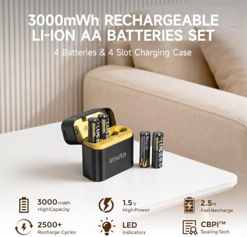 imuto 3000mWh Rechargeable AA Lithium Batteries 12-Pack with 4-Slot Charging Case,1.5V High Power, 2500 Cycles, CBPI Sealing Tech, High-Capacity Li-ion Cells for Game Controllers, Smart Locks, Cameras in Kuwait