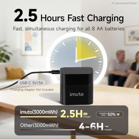 imuto 3000mWh Rechargeable AA Lithium Batteries 12-Pack with 4-Slot Charging Case,1.5V High Power, 2500 Cycles, CBPI Sealing Tech, High-Capacity Li-ion Cells for Game Controllers, Smart Locks, Cameras in Kuwait