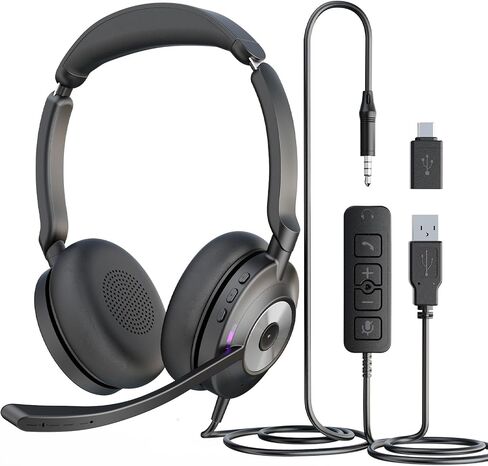 Wired Headset with Microphone for PC, 3.5mm Headset with USB-A & USB-C Jack, Noise Cancelling Mic USB Headset with In-Line Mute, Computer Headphone for Call Center, Work, Laptop, Teams, Office Calls in Kuwait