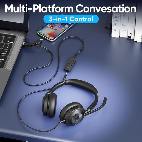 Wired Headset with Microphone for PC, 3.5mm Headset with USB-A & USB-C Jack, Noise Cancelling Mic USB Headset with In-Line Mute, Computer Headphone for Call Center, Work, Laptop, Teams, Office Calls in Kuwait