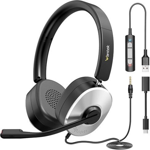 Wantek USB Headset with Microphone for PC, Wired On-Ear | Noise Cancelling Mic, USB/3.5mm/Type-C, Home Office, Work, Call Center, Online Courses, Skype, Zoom（Silver） in Kuwait