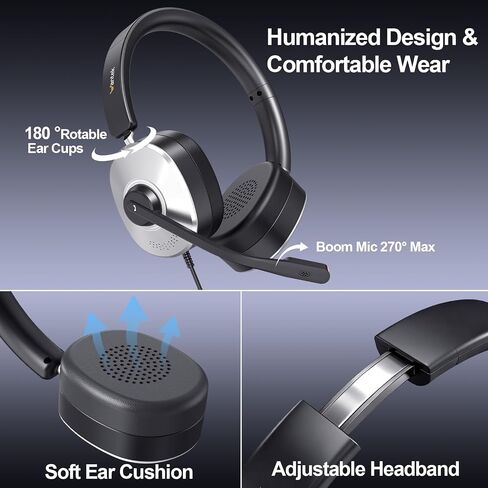 Wantek USB Headset with Microphone for PC, Wired On-Ear | Noise Cancelling Mic, USB/3.5mm/Type-C, Home Office, Work, Call Center, Online Courses, Skype, Zoom（Silver） in Kuwait