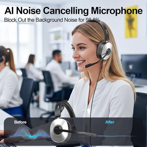 Wantek USB Headset with Microphone for PC, Wired On-Ear | Noise Cancelling Mic, USB/3.5mm/Type-C, Home Office, Work, Call Center, Online Courses, Skype, Zoom（Silver） in Kuwait