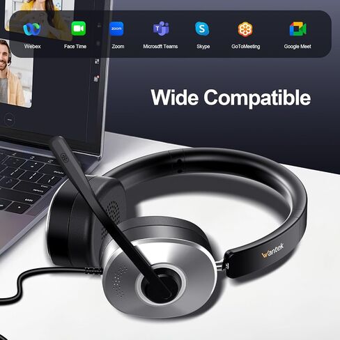 Wantek USB Headset with Microphone for PC, Wired On-Ear | Noise Cancelling Mic, USB/3.5mm/Type-C, Home Office, Work, Call Center, Online Courses, Skype, Zoom（Silver） in Kuwait
