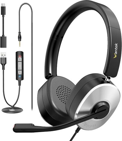 Wantek USB Headset with Microphone for PC, Wired On-Ear | Noise Cancelling Mic, USB/3.5mm/Type-C, Home Office, Work, Call Center, Online Courses, Skype, Zoom（Silver） in Kuwait