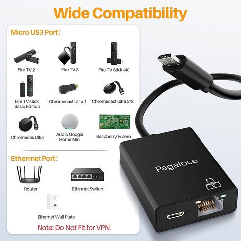 Ethernet Adapter for Fire TV Stick, Micro USB to RJ45 Female Ethernet Adapter, Compatible with Fire TV Stick Basic/2nd/4k/Lite, Chromecast 1/2/3/Ultra/Audio, with Adhesive Tape, 100Mbps in Kuwait