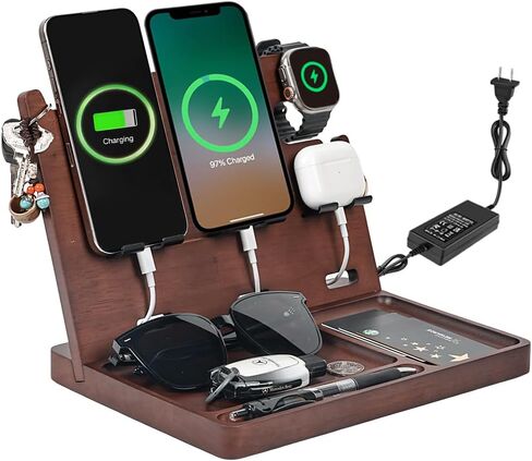 Nightstand Organizer with Drawer Built in 4 USB Quick Charger, Wood Phone Docking Station with Dual Phone Charging Station for Apple Android Phones Anniversary Birthday Gifts for Men Dad Hunsband Mom in Kuwait