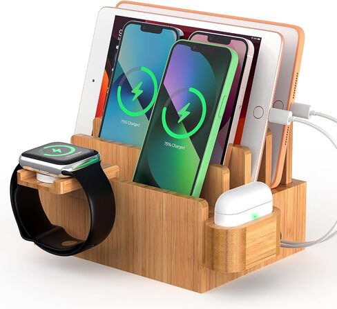 Bamboo Charging Station for Phone, Watch&Earbud with 5-Port HUB & 5 Cables in Kuwait