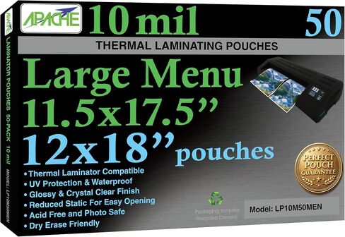 Apache Large Menu Laminating Pouches, 10 Mil, 50 Pack, 12" x 18" in Kuwait