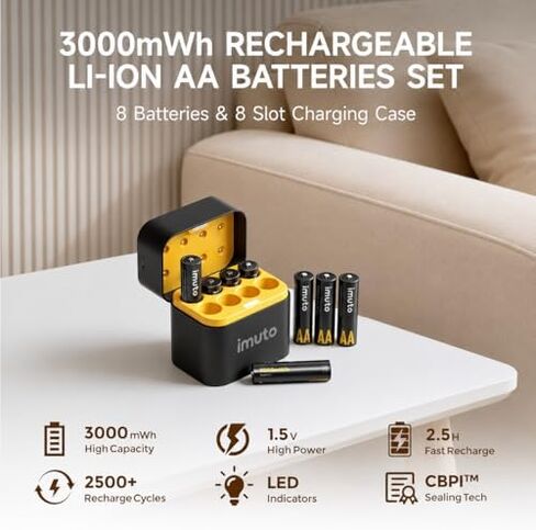 imuto 24 Pack 3000mWh Rechargeable aa Batteries, 8 Slot Storage Box Style Lithium aa Battery Charger, 1.5V 2A Output, 2500+ Cycle Life, 2.5H Fast Charging in Kuwait