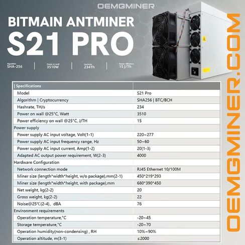 NEW Bitmain Antminer S21 Pro 234T 3510W 220V 15J/T BTC Bitcoin Miner ASIC Miner Crypto Miner Include Power Cord (S21 Pro 234T 3510W) in Kuwait