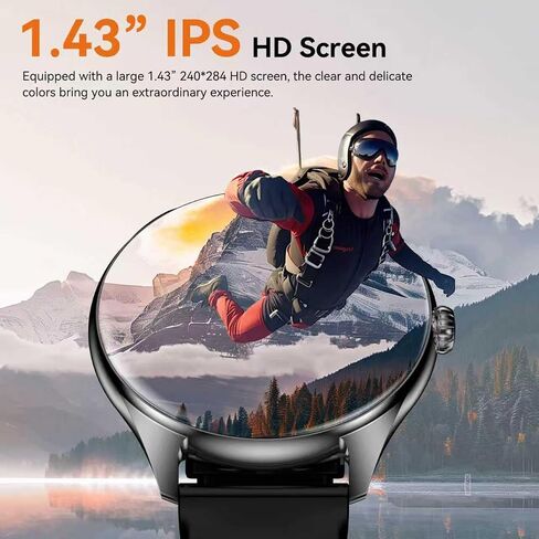 ساعات ذكية للرجال والنساء، شاشة AMOLED مقاس 1.43 بوصة، عمر بطارية 7 أيام، أكثر من 120 وضعًا رياضيًا مع مراقب معدل ضربات القلب للنوم، مكالمات بلوتوث، ساعة لياقة مقاومة للماء IP68 لهواتف iPhone Android (أسود) in Kuwait