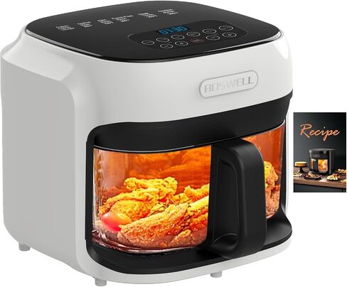 7.5QT Glass Air Fryer, Transparent Fry Bowl, Circulating Heating System, Adjustable Temperature Control, Non-Stick Roast Basket, Dishwasher Safe, White in Kuwait