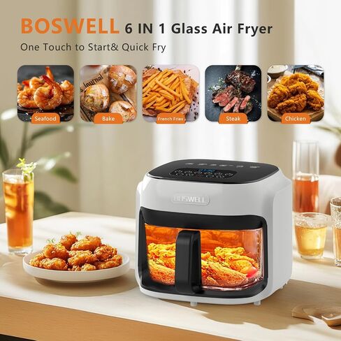 7.5QT Glass Air Fryer, Transparent Fry Bowl, Circulating Heating System, Adjustable Temperature Control, Non-Stick Roast Basket, Dishwasher Safe, White in Kuwait