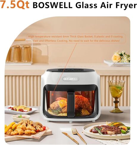 7.5QT Glass Air Fryer, Transparent Fry Bowl, Circulating Heating System, Adjustable Temperature Control, Non-Stick Roast Basket, Dishwasher Safe, White in Kuwait