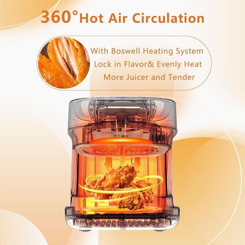 7.5QT Glass Air Fryer, Transparent Fry Bowl, Circulating Heating System, Adjustable Temperature Control, Non-Stick Roast Basket, Dishwasher Safe, White in Kuwait