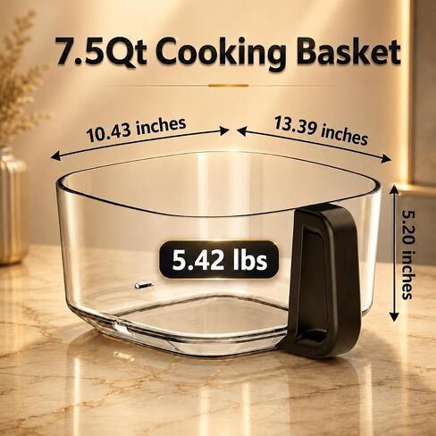7.5QT Glass Air Fryer, Transparent Fry Bowl, Circulating Heating System, Adjustable Temperature Control, Non-Stick Roast Basket, Dishwasher Safe, White in Kuwait
