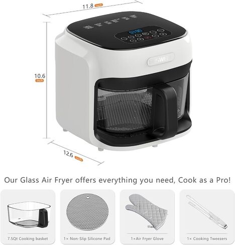 7.5QT Glass Air Fryer, Transparent Fry Bowl, Circulating Heating System, Adjustable Temperature Control, Non-Stick Roast Basket, Dishwasher Safe, White in Kuwait