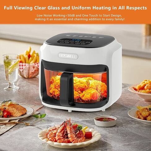 7.5QT Glass Air Fryer, Transparent Fry Bowl, Circulating Heating System, Adjustable Temperature Control, Non-Stick Roast Basket, Dishwasher Safe, White in Kuwait