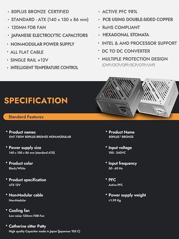 darkFlash EMT750 750W 80 Plus Bronze ATX Power Supply, Non-Modular PSU in Kuwait